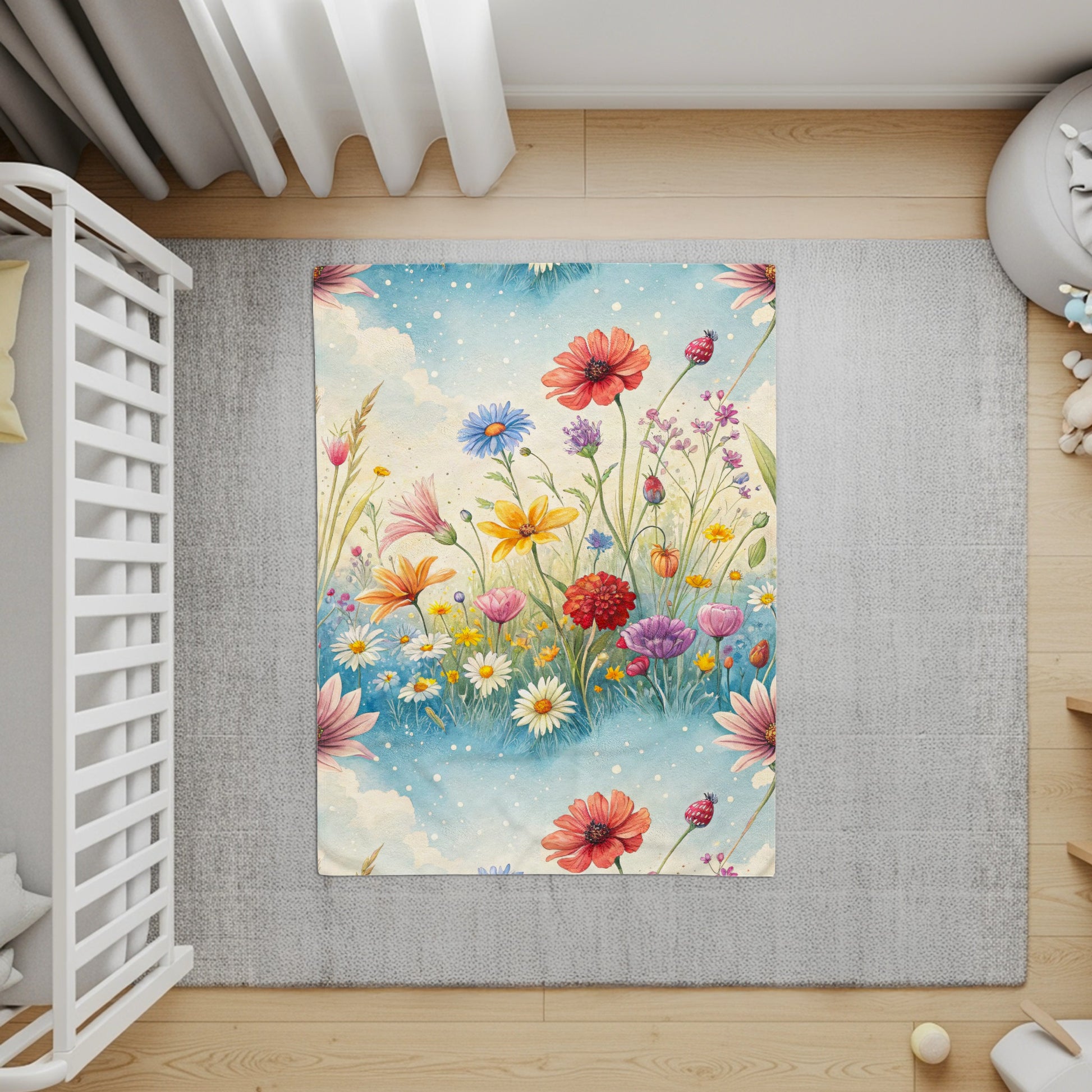 Watercolor Meadow in Sky With Flowers Velveteen Plush Blankets - Walk Greener