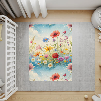 Watercolor Meadow in Sky With Flowers Velveteen Plush Blankets - Walk Greener