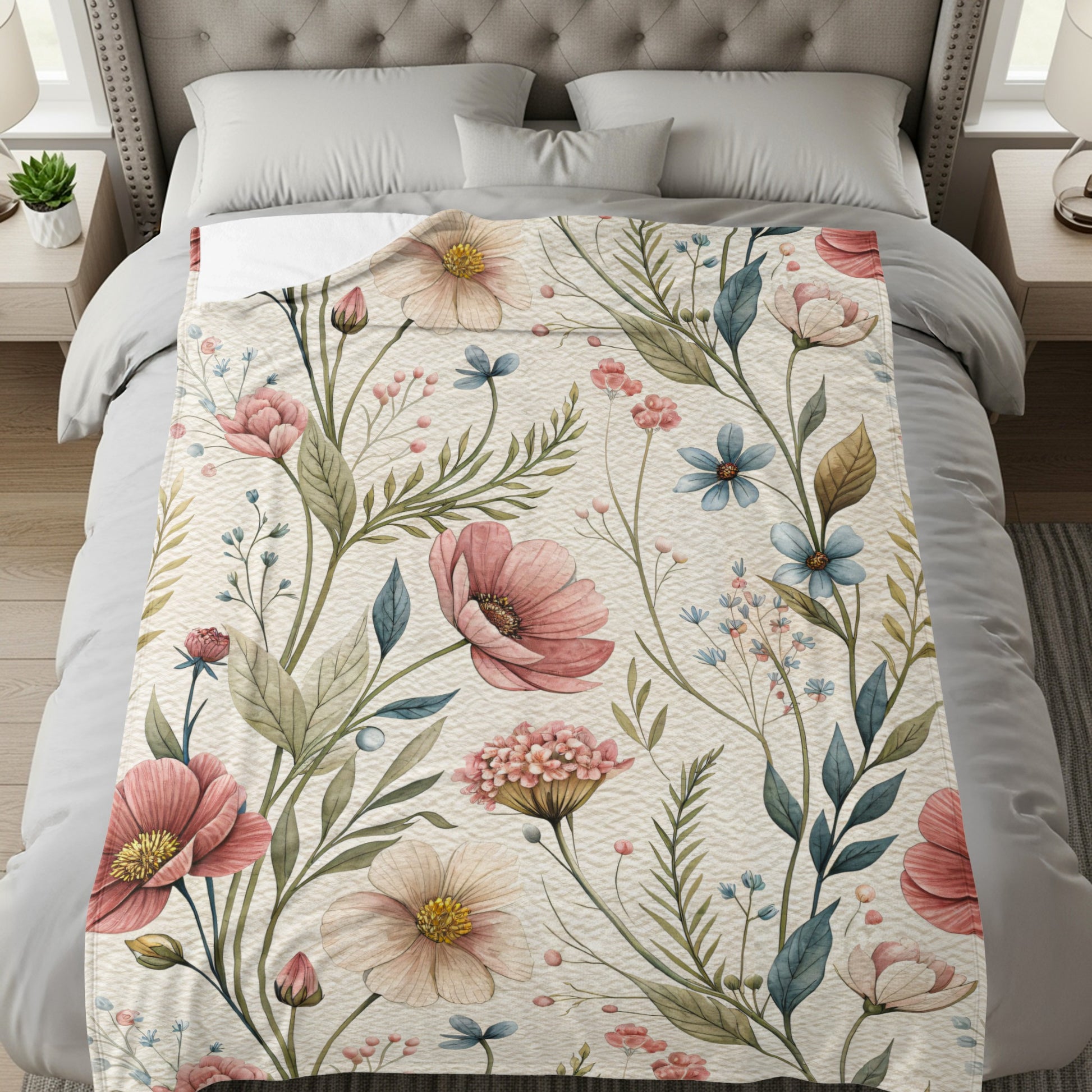 Vintage Floral Pattern Design In Delicate Hues Velveteen Plush Blankets - Walk Greener