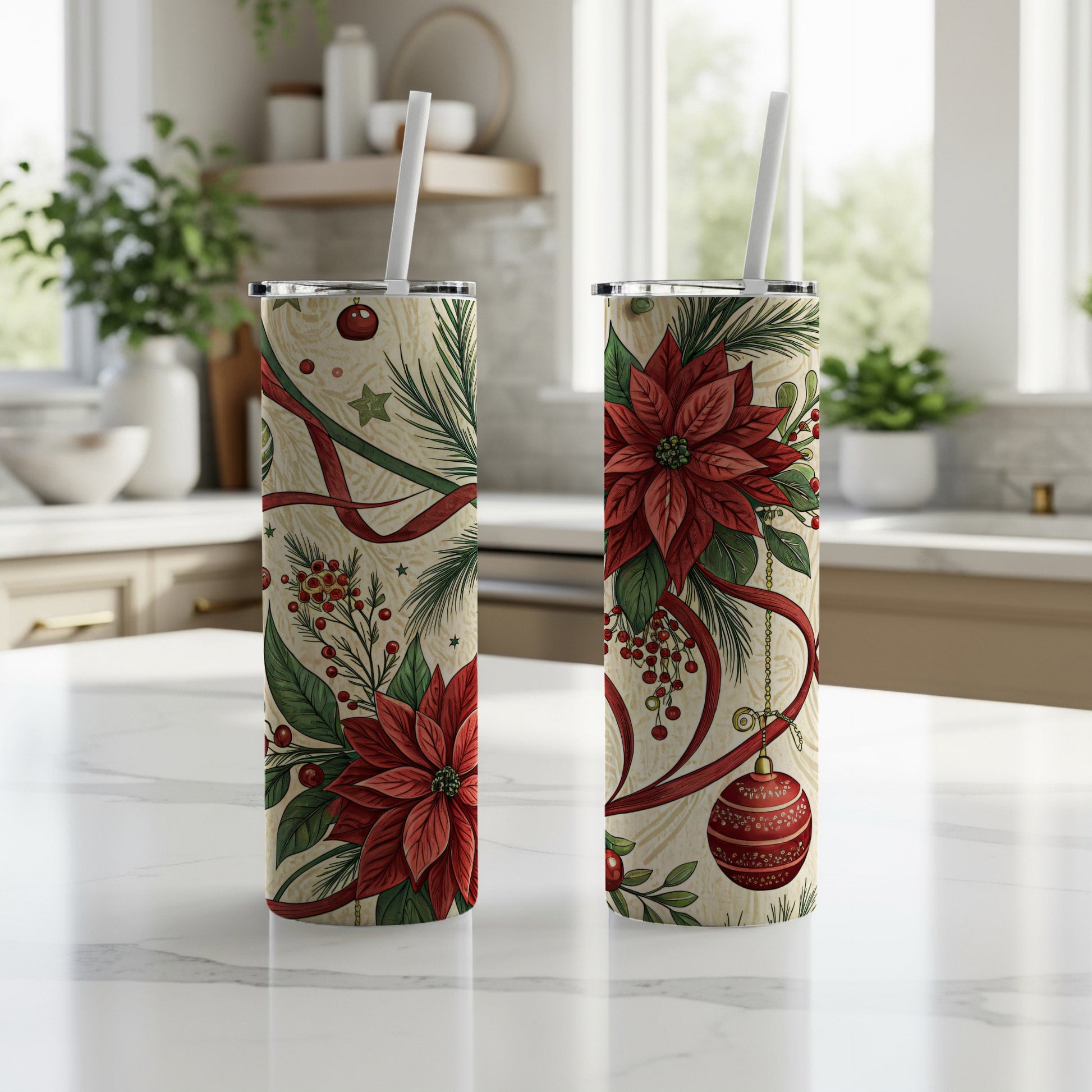 Festive Christmas Floral Stainless Steel Tumbler