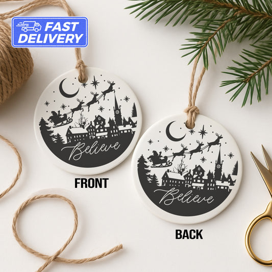 Santa Sleigh Believe Christmas Ornament product type