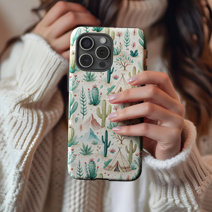 Desert Scene With Cacti Mountains and Tent Custom Phone Case - Walk Greener