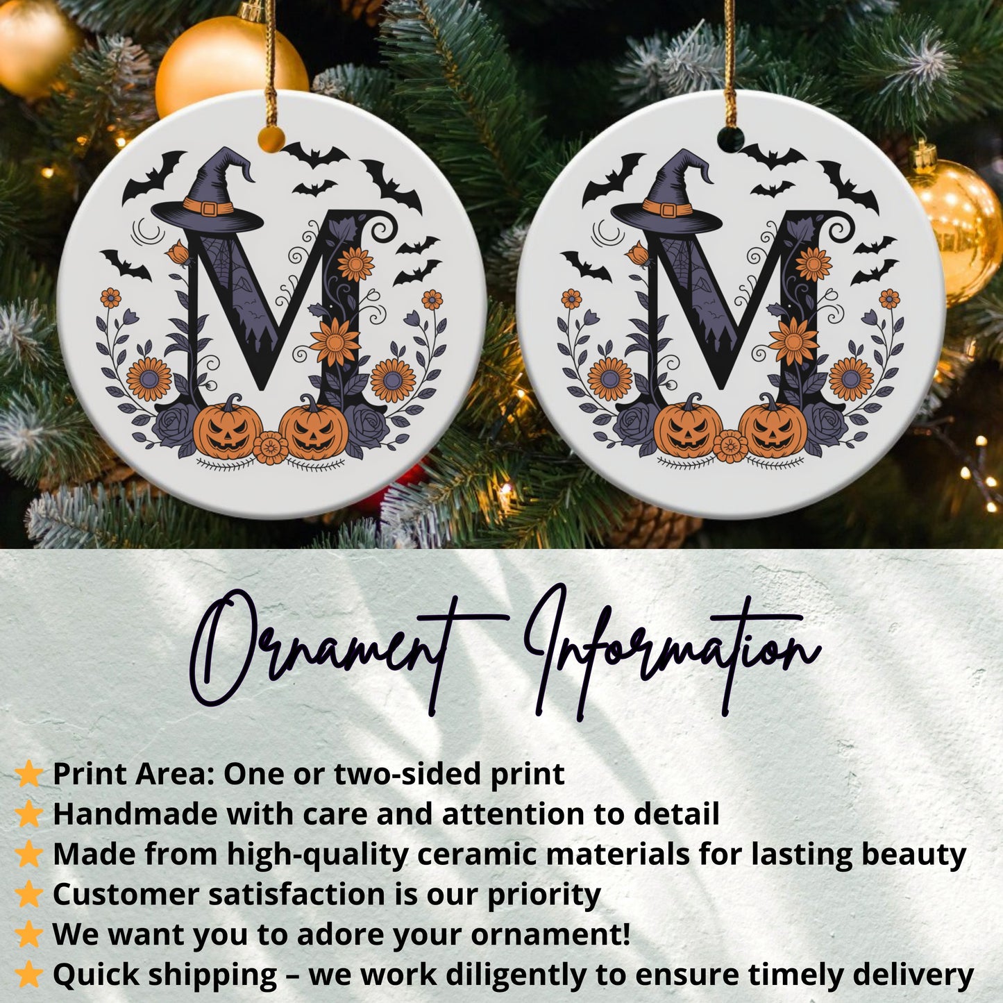 Halloween Witch Hat Monogram Ornament Two Sided Print product type