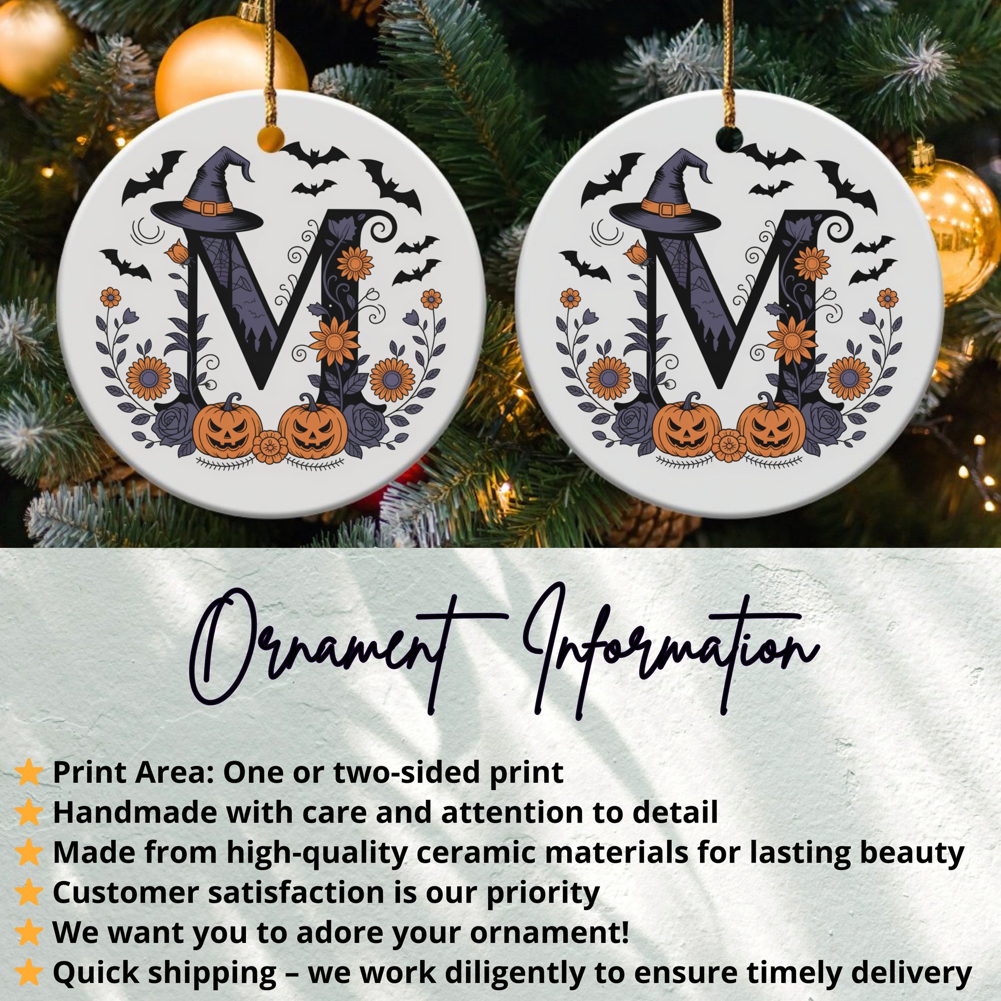 Halloween Witch Hat Monogram Ornament Two Sided Print product type