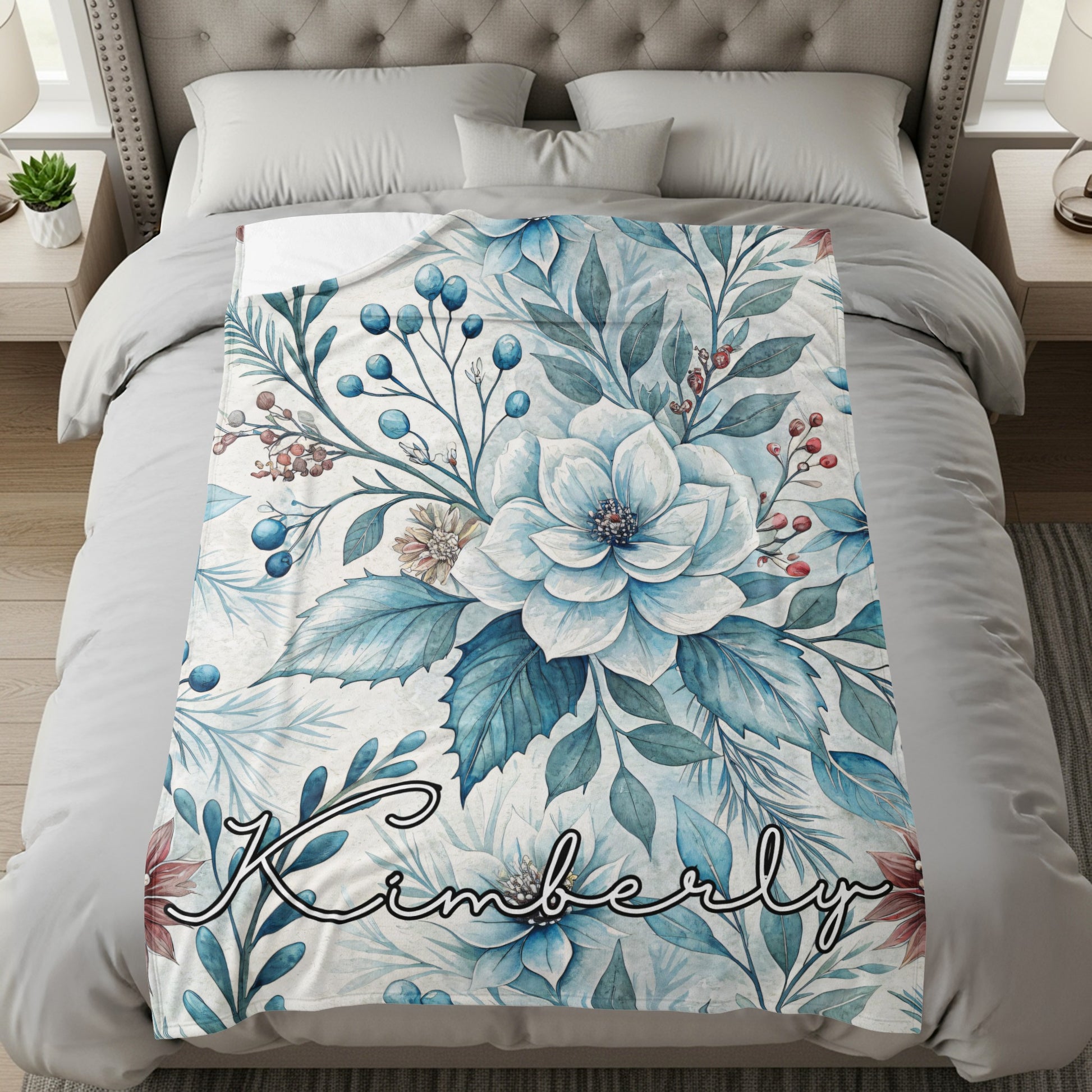 Personalized Floral Blue and White Comforter Blanket