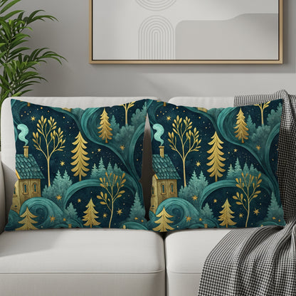 Night Sky Homes And Golden Trees Pattern Throw Pillows - Walk Greener