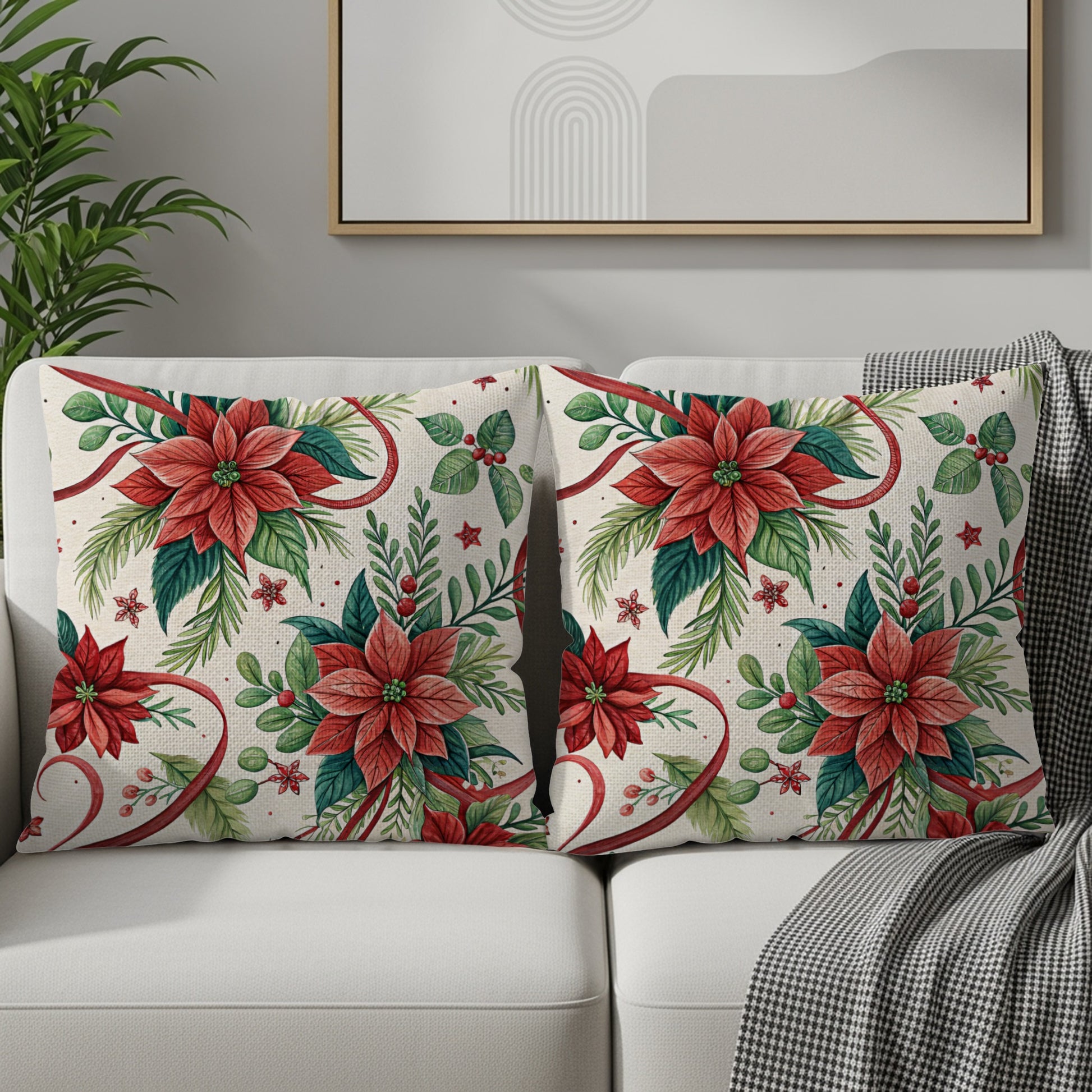 Festive Red Poinsettia Decorative Throw Pillow Set