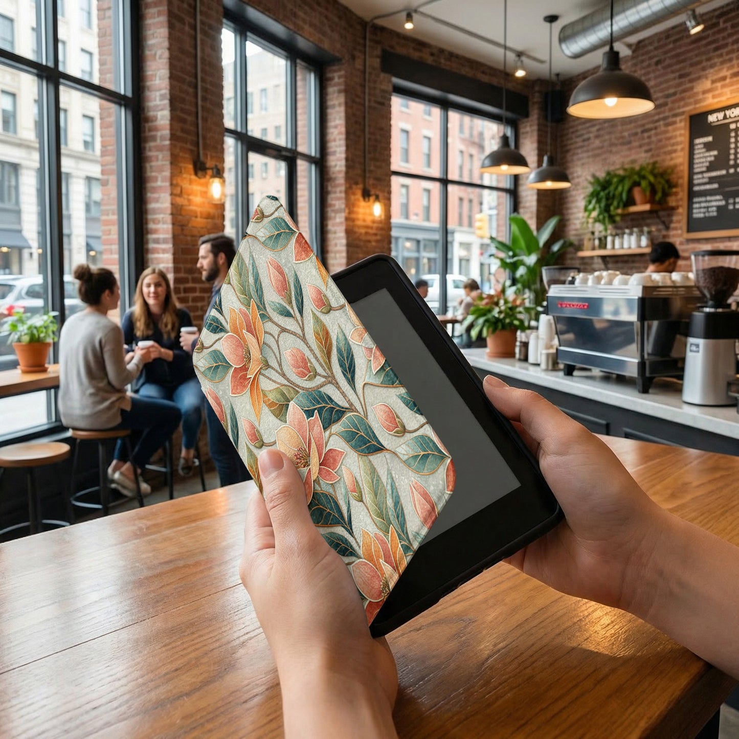 Elegant Floral Patterned Tablet Cover in Coffee Shop Scene