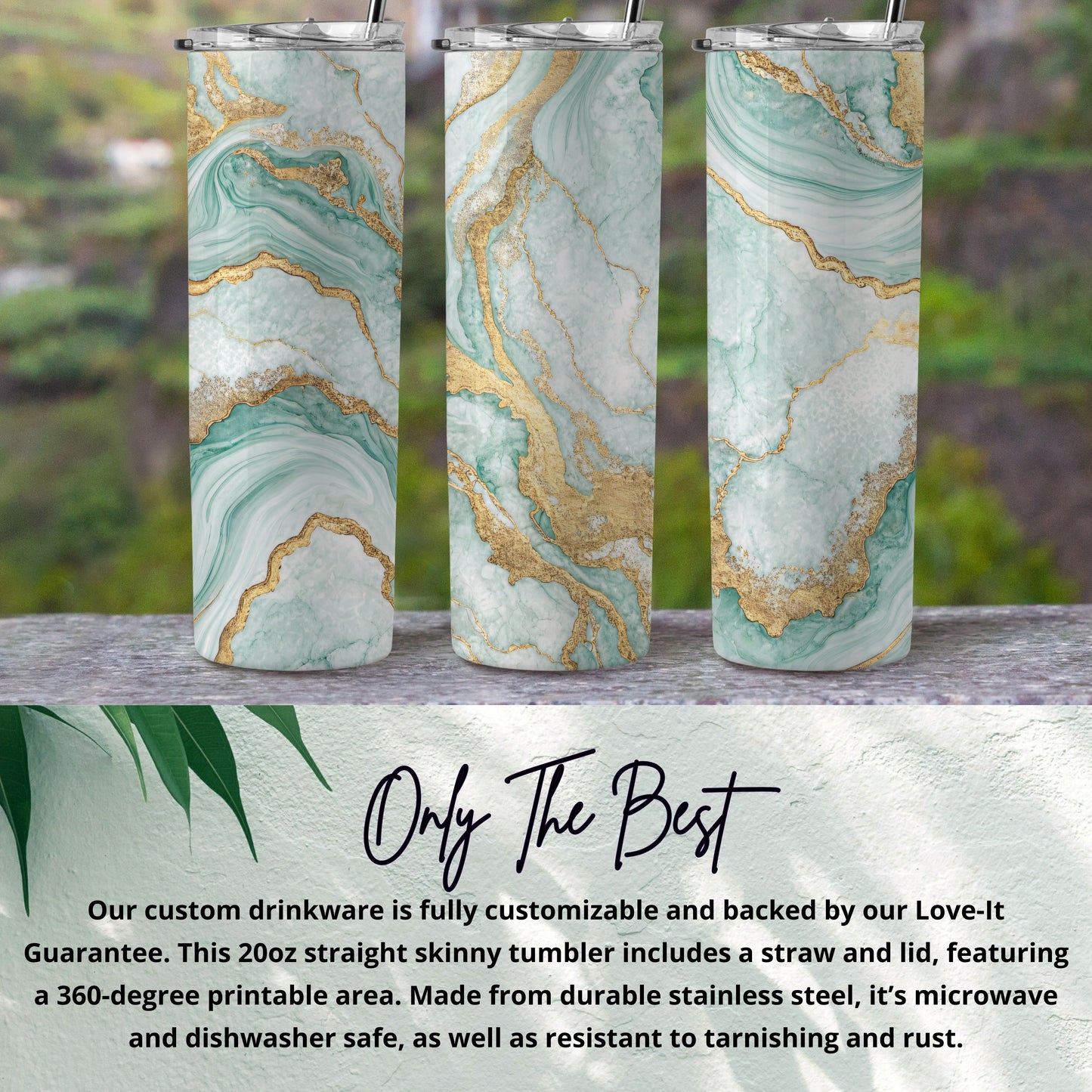 Elegant Green and Gold Marble Tumbler with Lid and Straw