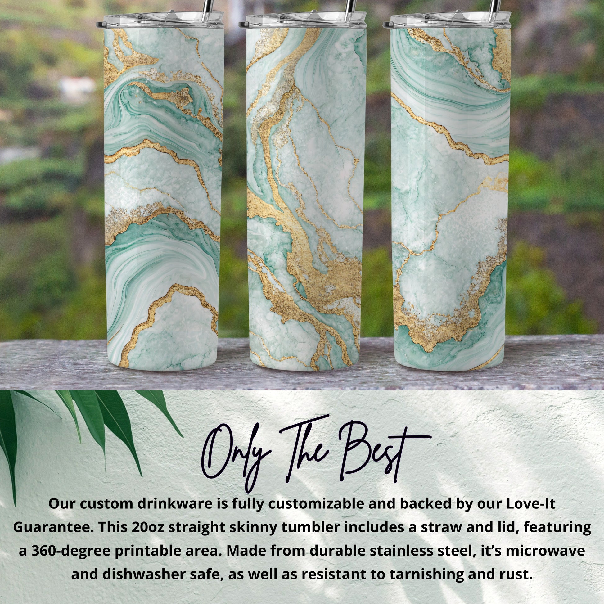 Elegant Green and Gold Marble Tumbler with Lid and Straw