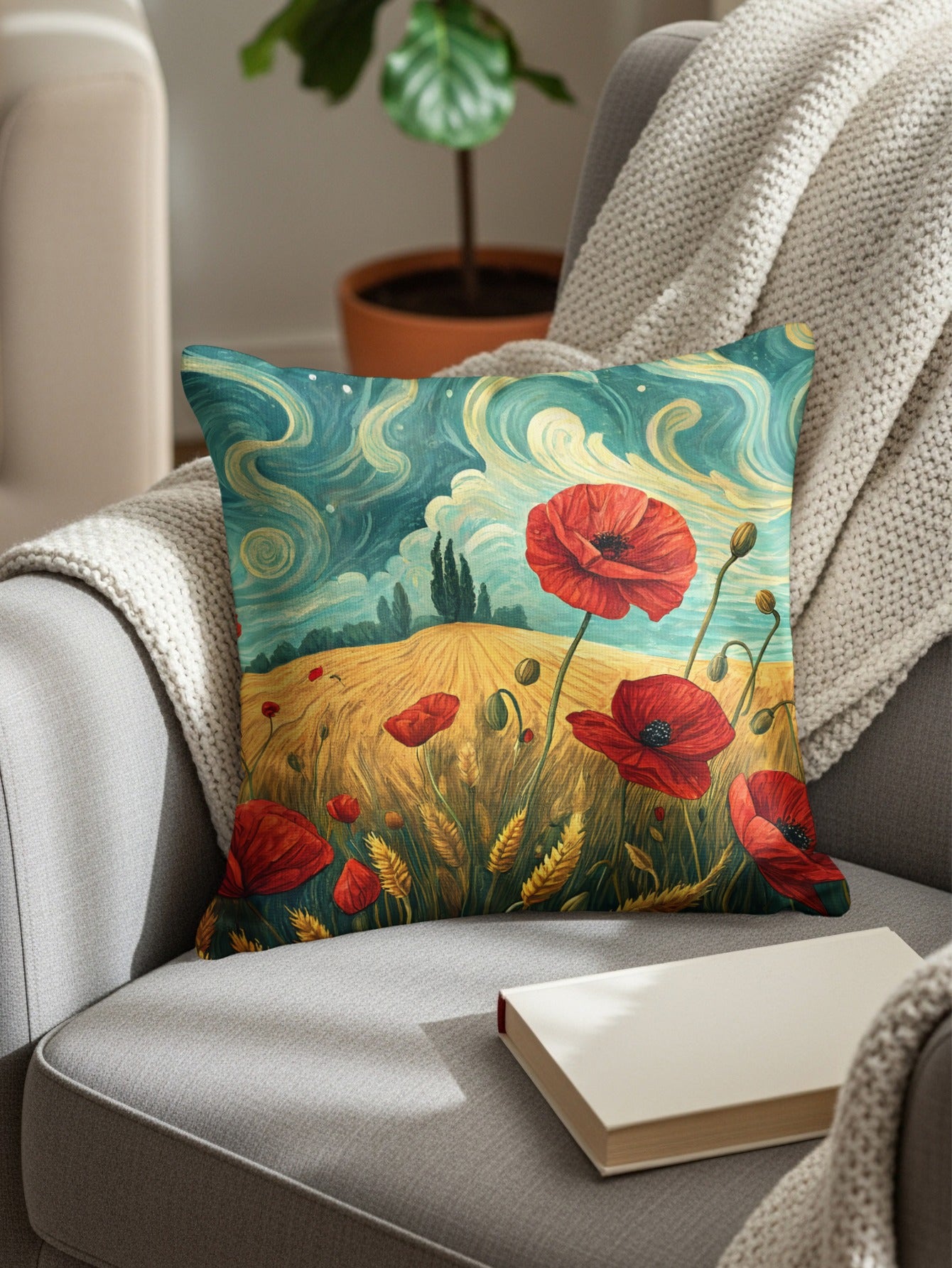 Red Poppies in Wheat Field and Blue Sky Painting Throw Pillows - Walk Greener