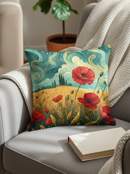 Red Poppies in Wheat Field and Blue Sky Painting Throw Pillows - Walk Greener