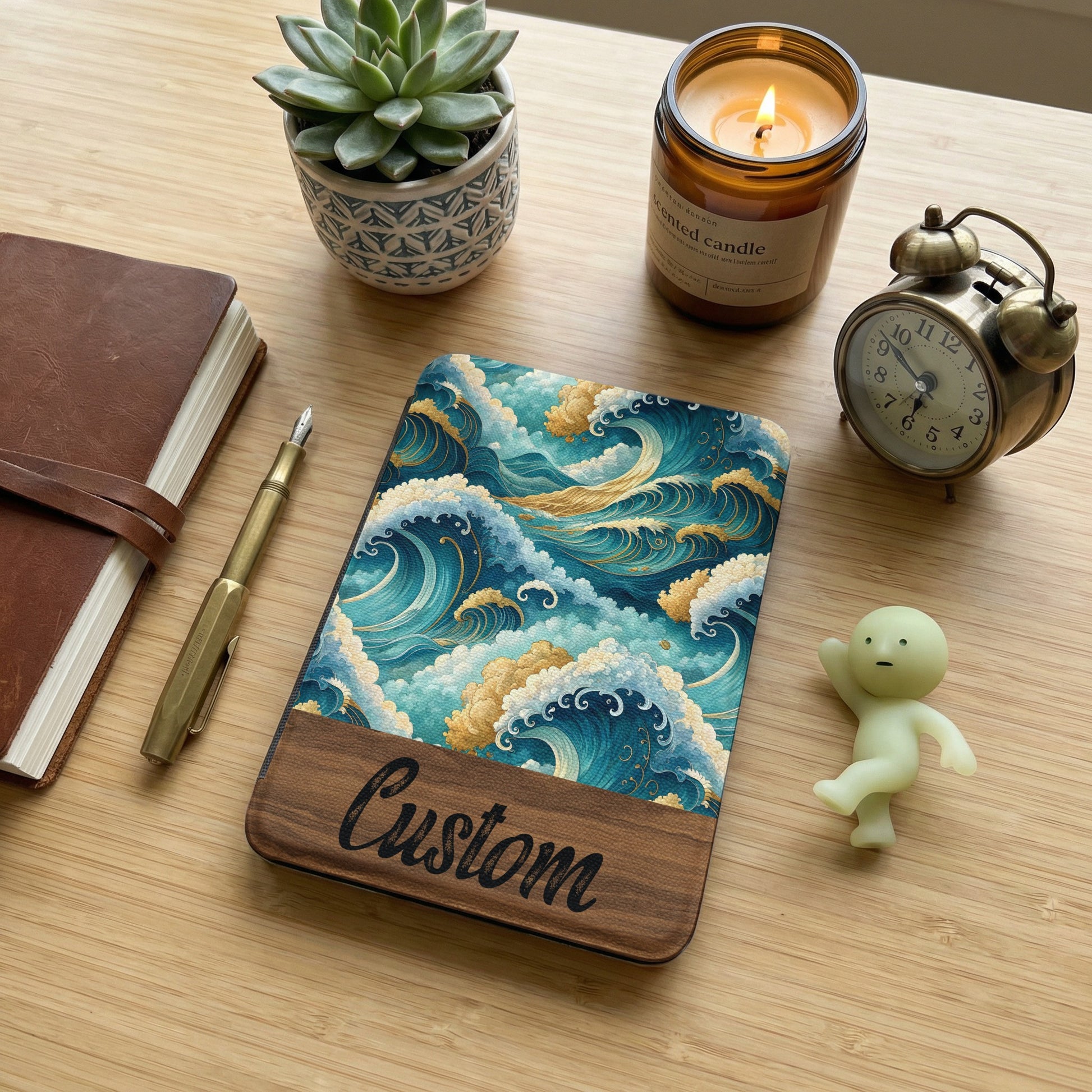 Custom Waves Design Wooden Notebook Cover Accessory