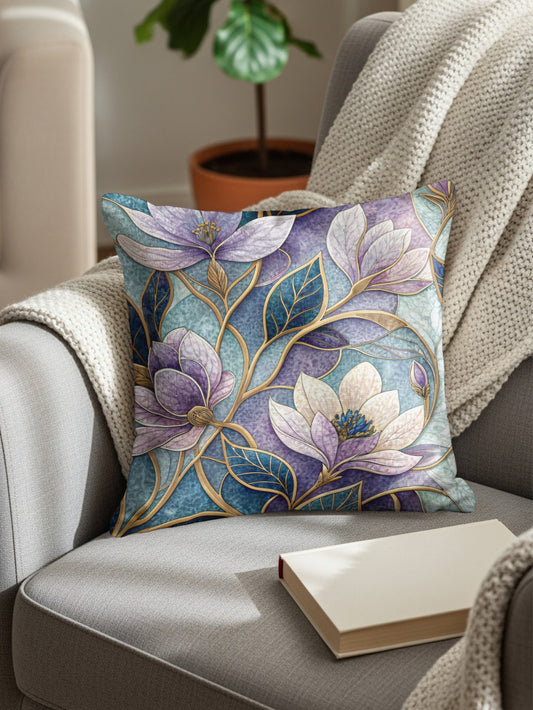 Floral Design Purple Blue and Gold Botanical Pattern Throw Pillows - Walk Greener