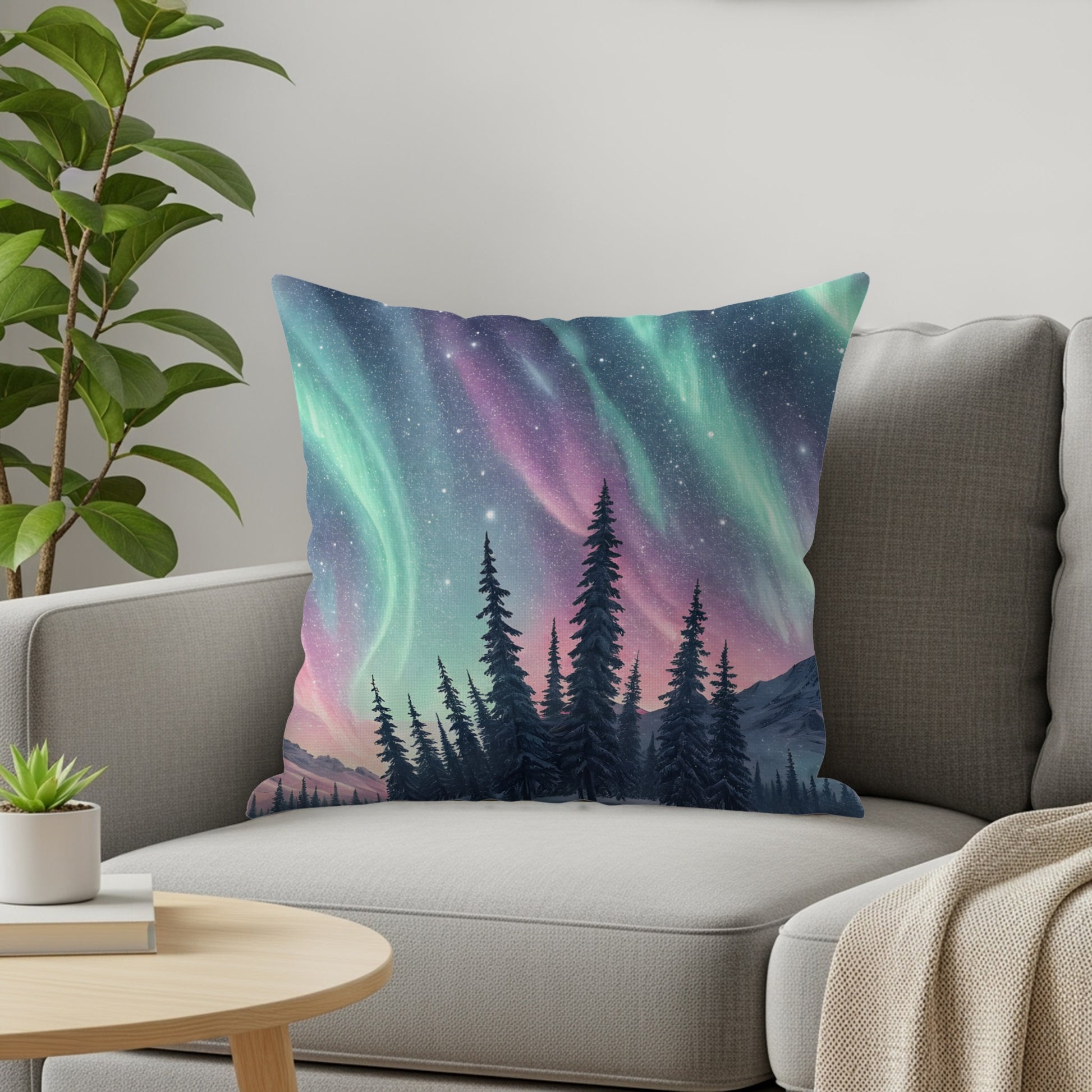 Stunning Northern Lights in Pine Forest Cushion Cover