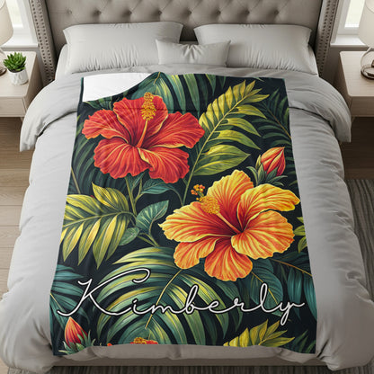 Tropical Hibiscus Flowers Custom Name Printed Blankets - Walk Greener
