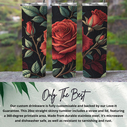 Floral Rose Design Skinny Tumbler with Lid and Straw