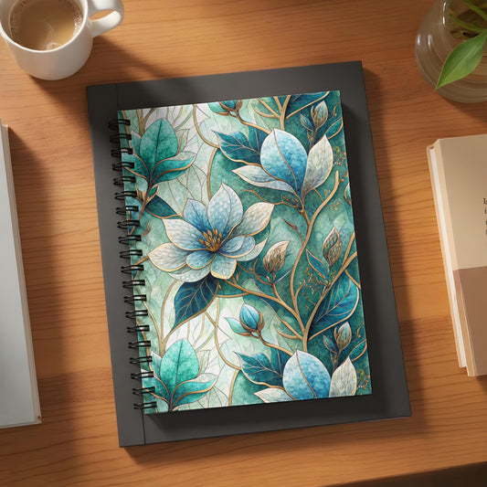 Elegant Floral Spiral Notebook with Blue Green Leaves