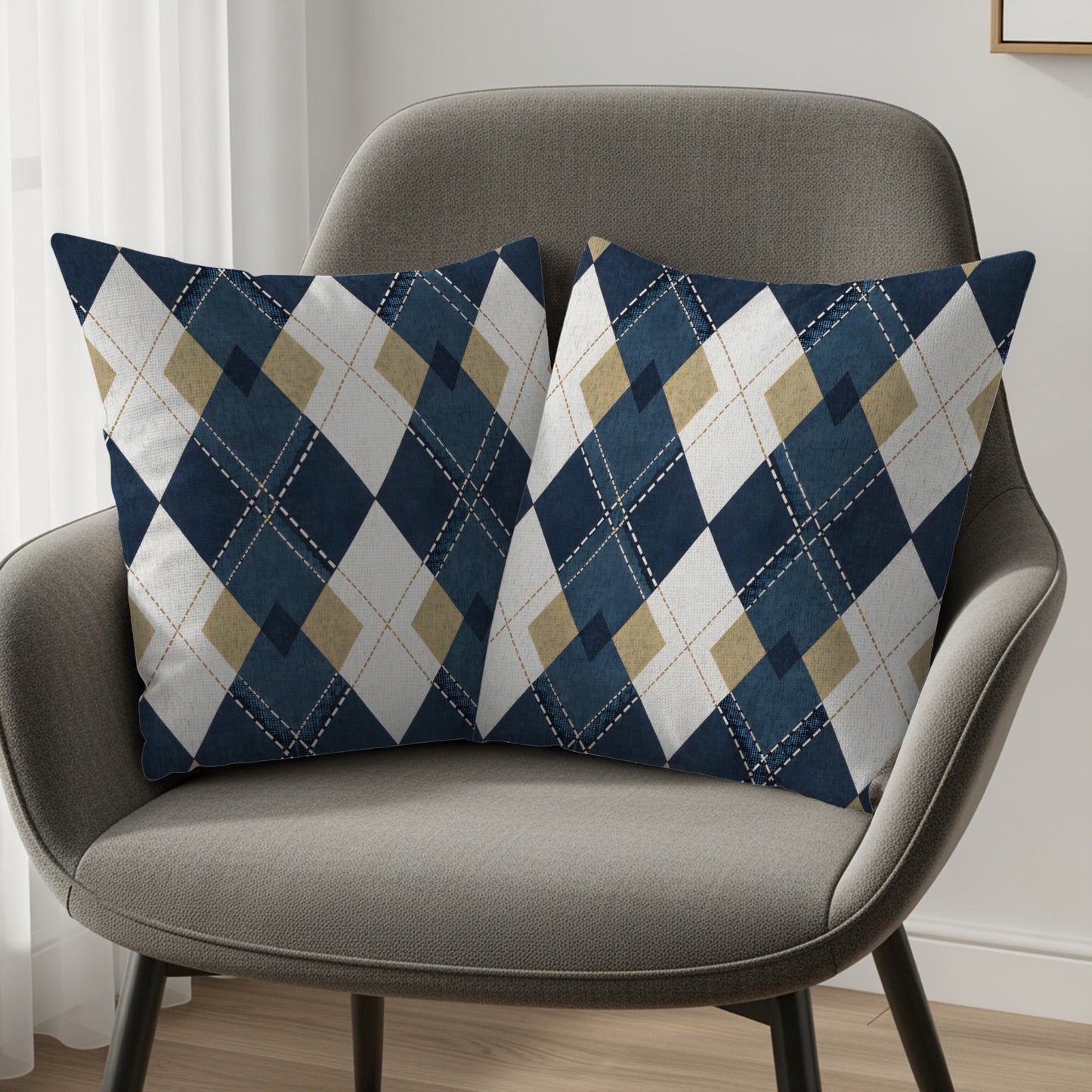 Blue and Beige Diamond Pattern Geometric Style Throw Pillows - Walk Greener