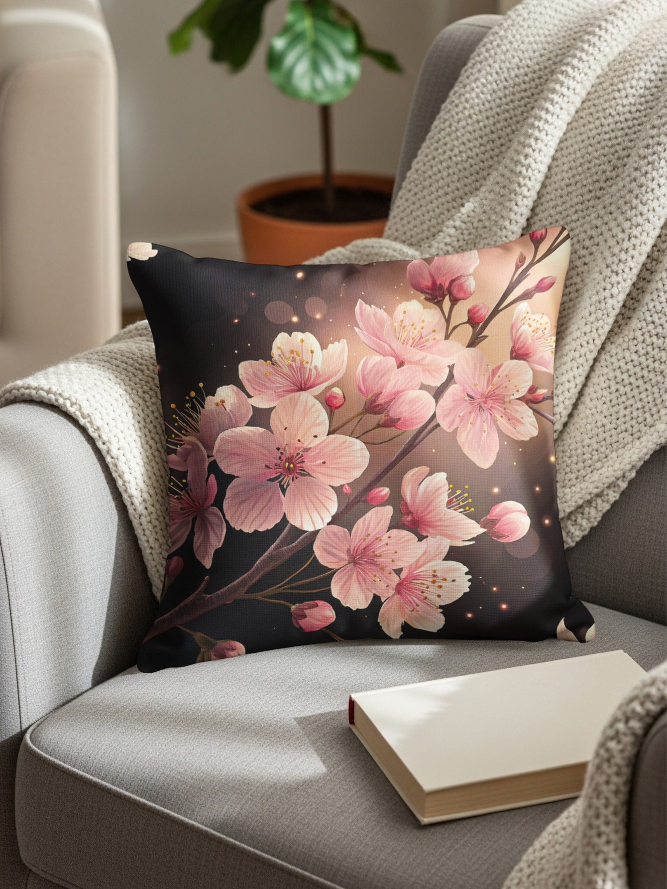 Pink Floral Blossoms Against Dark Backdrop Decorative Floral Throw Pillows - Walk Greener