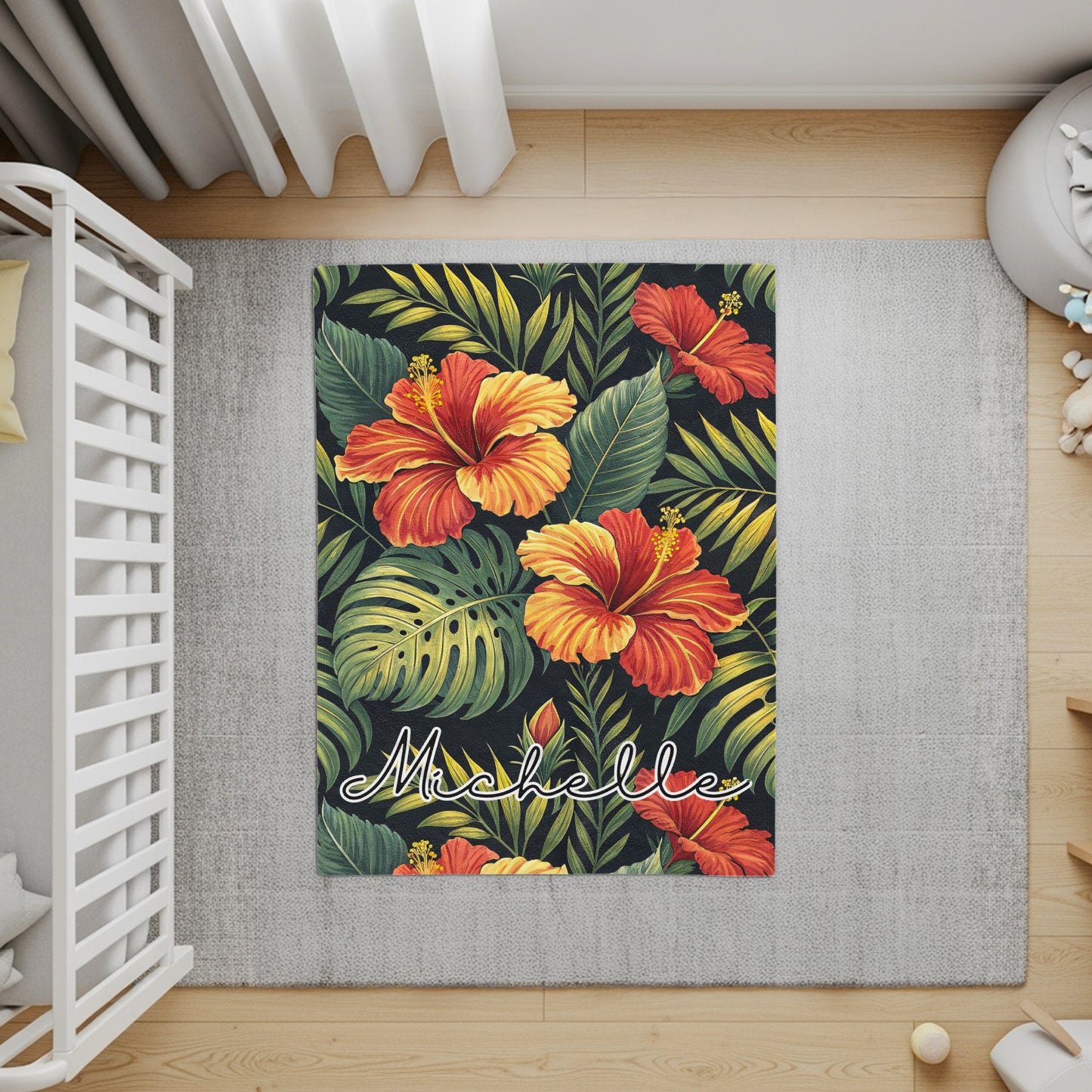 Personalized Tropical Hibiscus Floral Area Rug