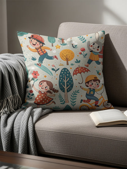 Cartoon Children in Forest with Animals Illustration Throw Pillows - Walk Greener