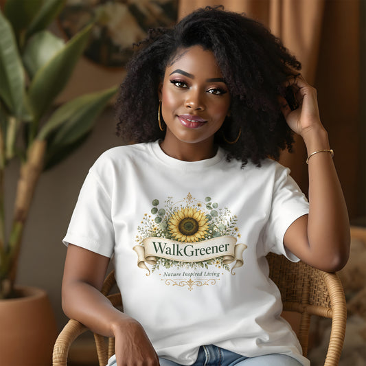 White t-shirt on woman featuring a sunflower design and "Walk Greener" text.