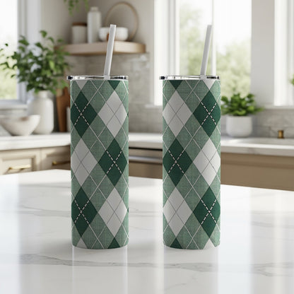 Green and White Argyle Patterned Tumbler with Straw