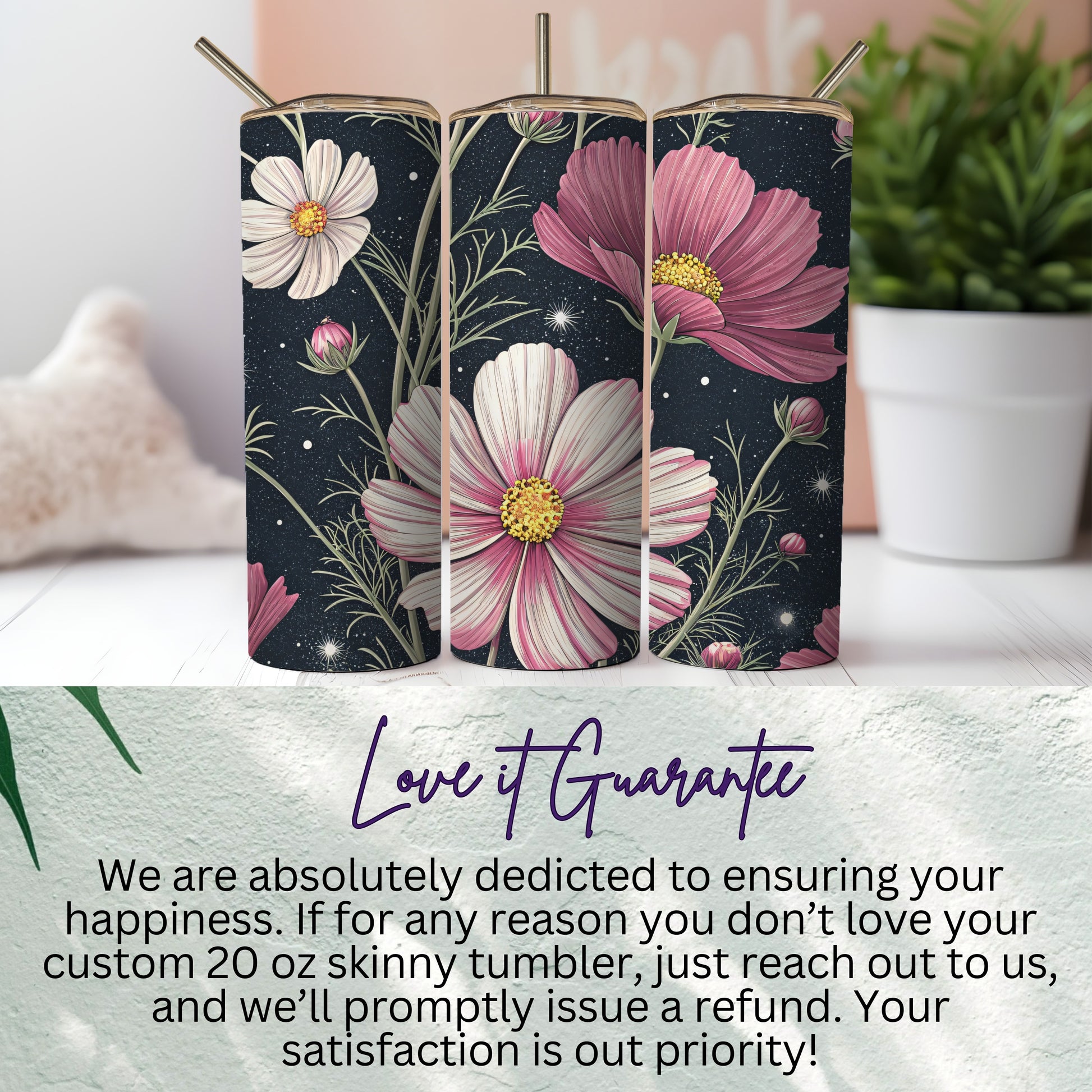 Floral Design Custom 20 oz Skinny Tumbler with Straw