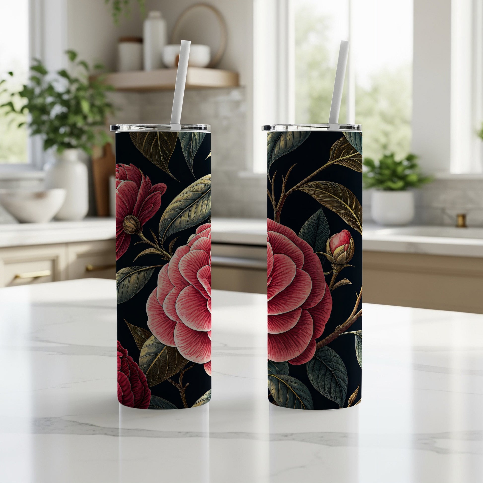 Pink Flower Detailed Floral Pattern Against Dark Background Tumblers - Walk Greener