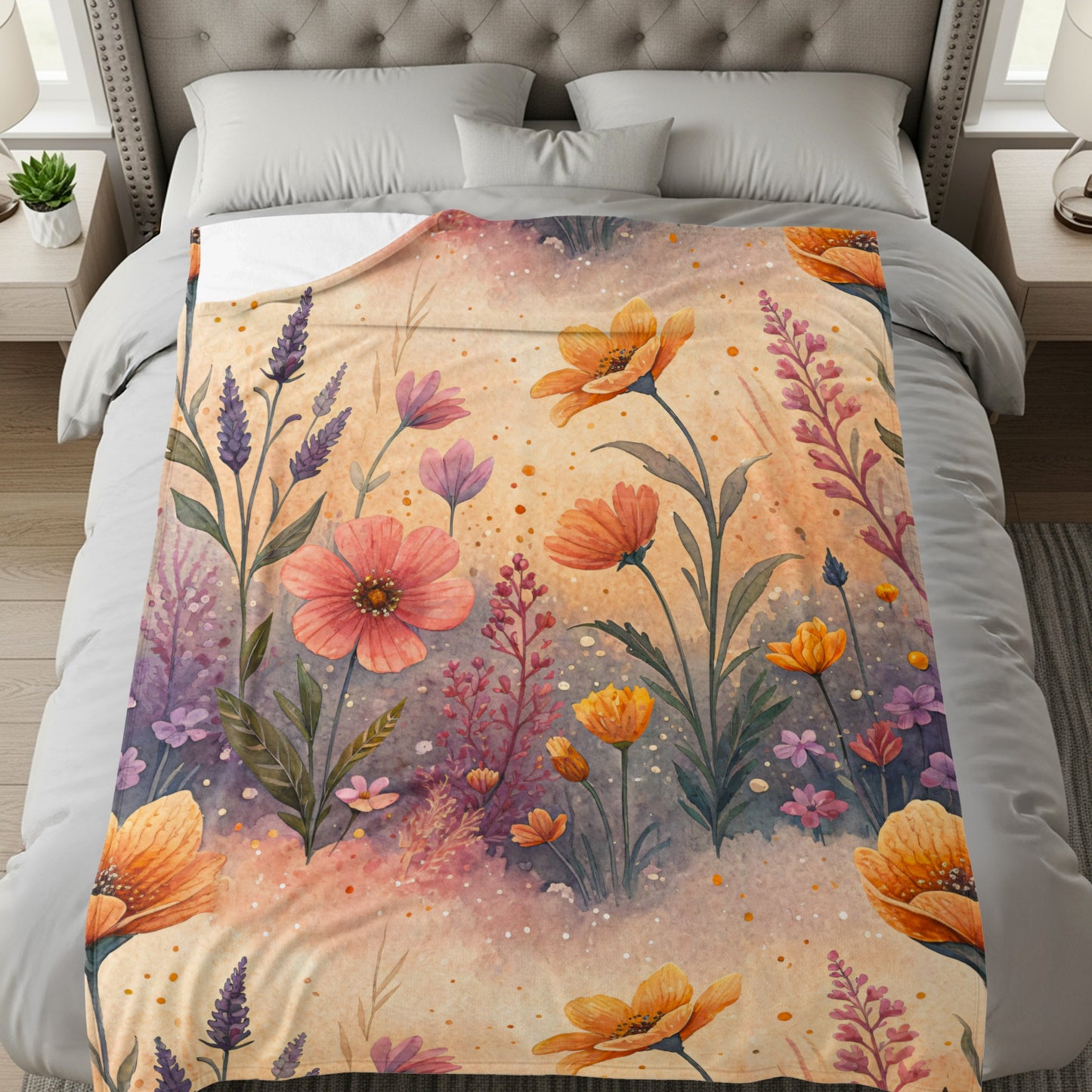 Floral Delight Watercolor Design Velveteen Plush Blankets - Walk Greener