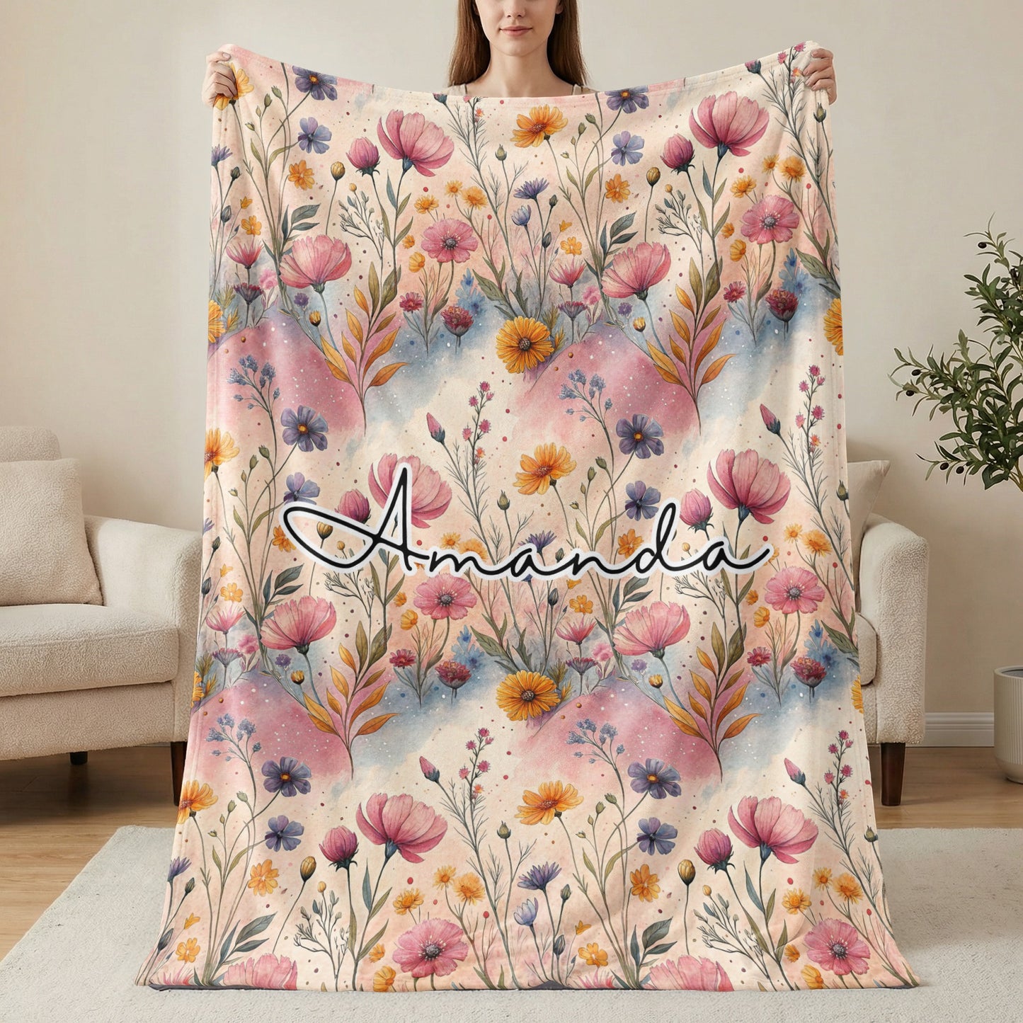 Personalized Floral Pattern Blanket with Amanda Name