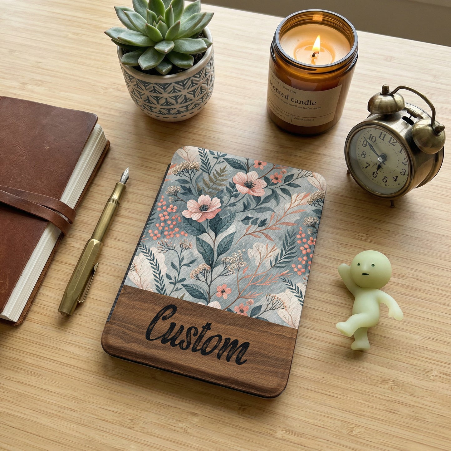 Custom Floral Notebook with Wooden Accents and Unique Design