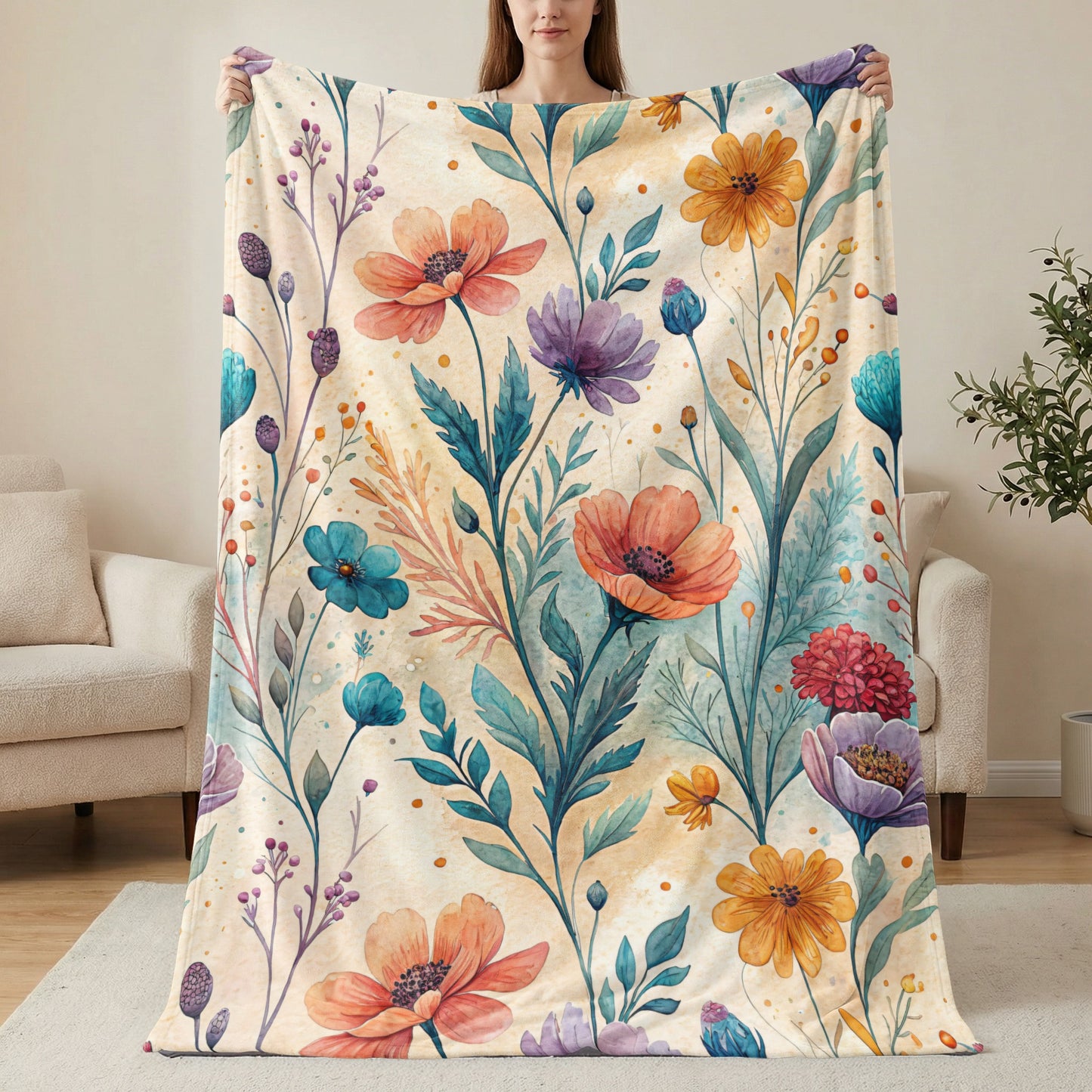 Watercolor Garden Floral Design on Velveteen Plush Blankets - Walk Greener