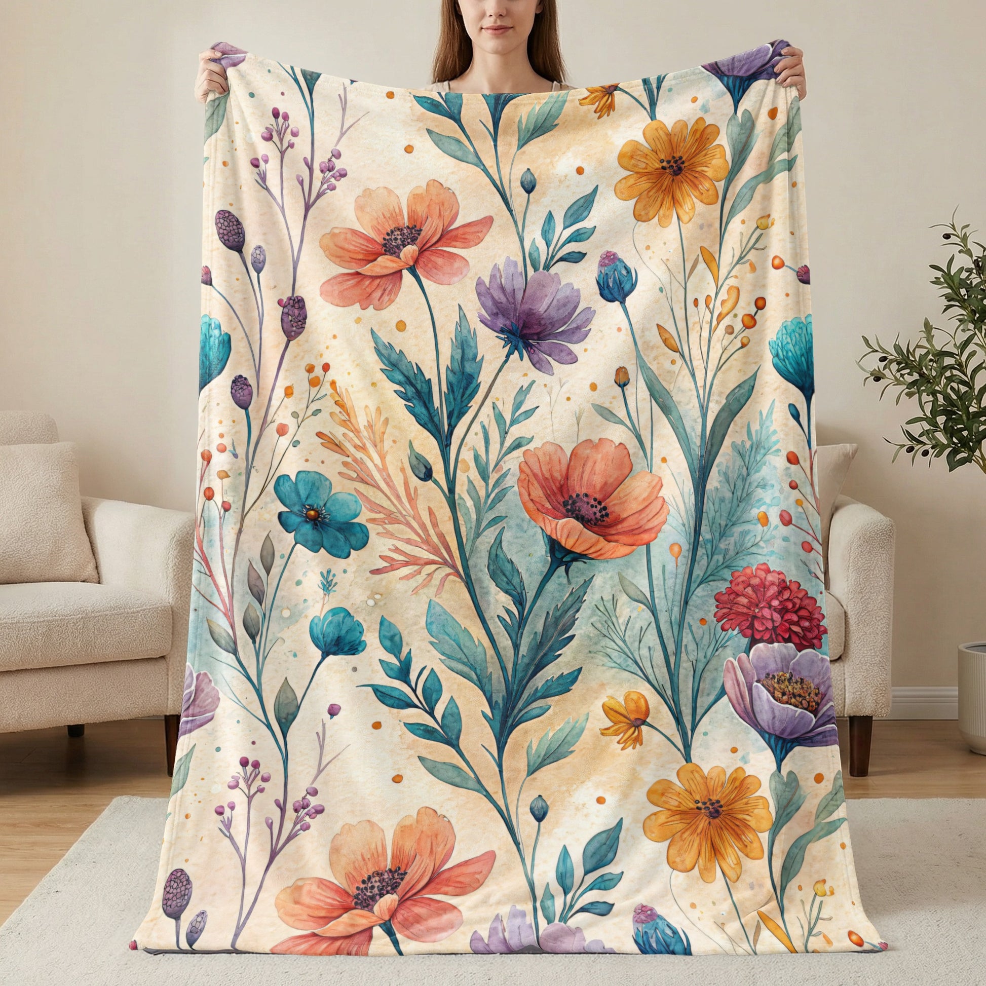 Watercolor Garden Floral Design on Velveteen Plush Blankets - Walk Greener