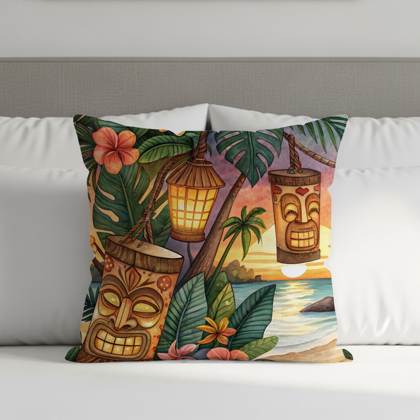 Tiki Mask Tropical Sunset Lamp Pillow Case Cover Decor
