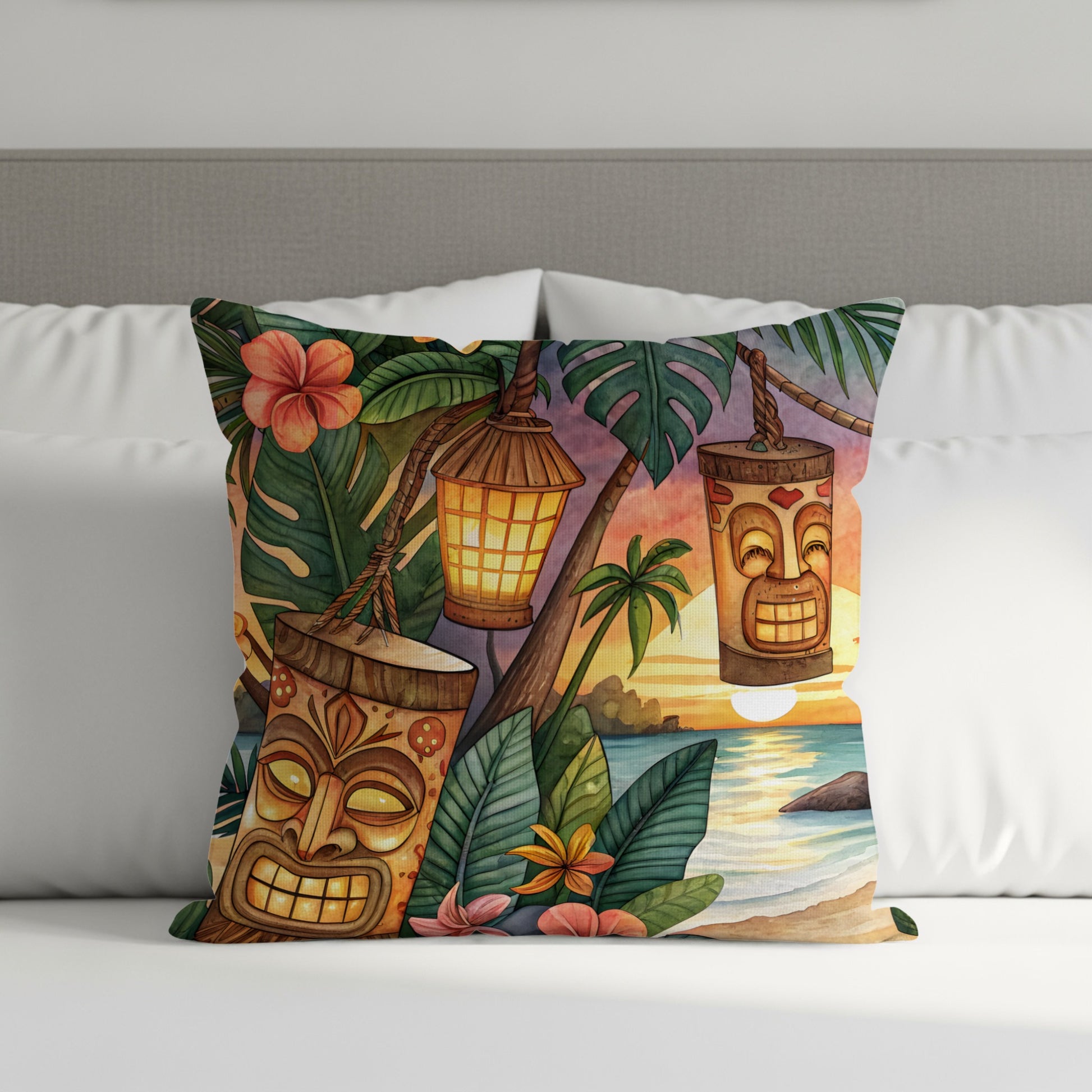 Tiki Mask Tropical Sunset Lamp Pillow Case Cover Decor