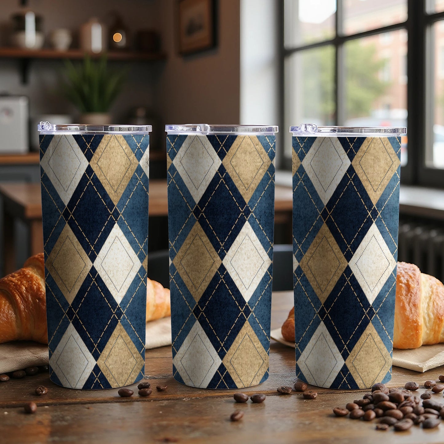 Blue and Beige Argyle Pattern Insulated Tumbler