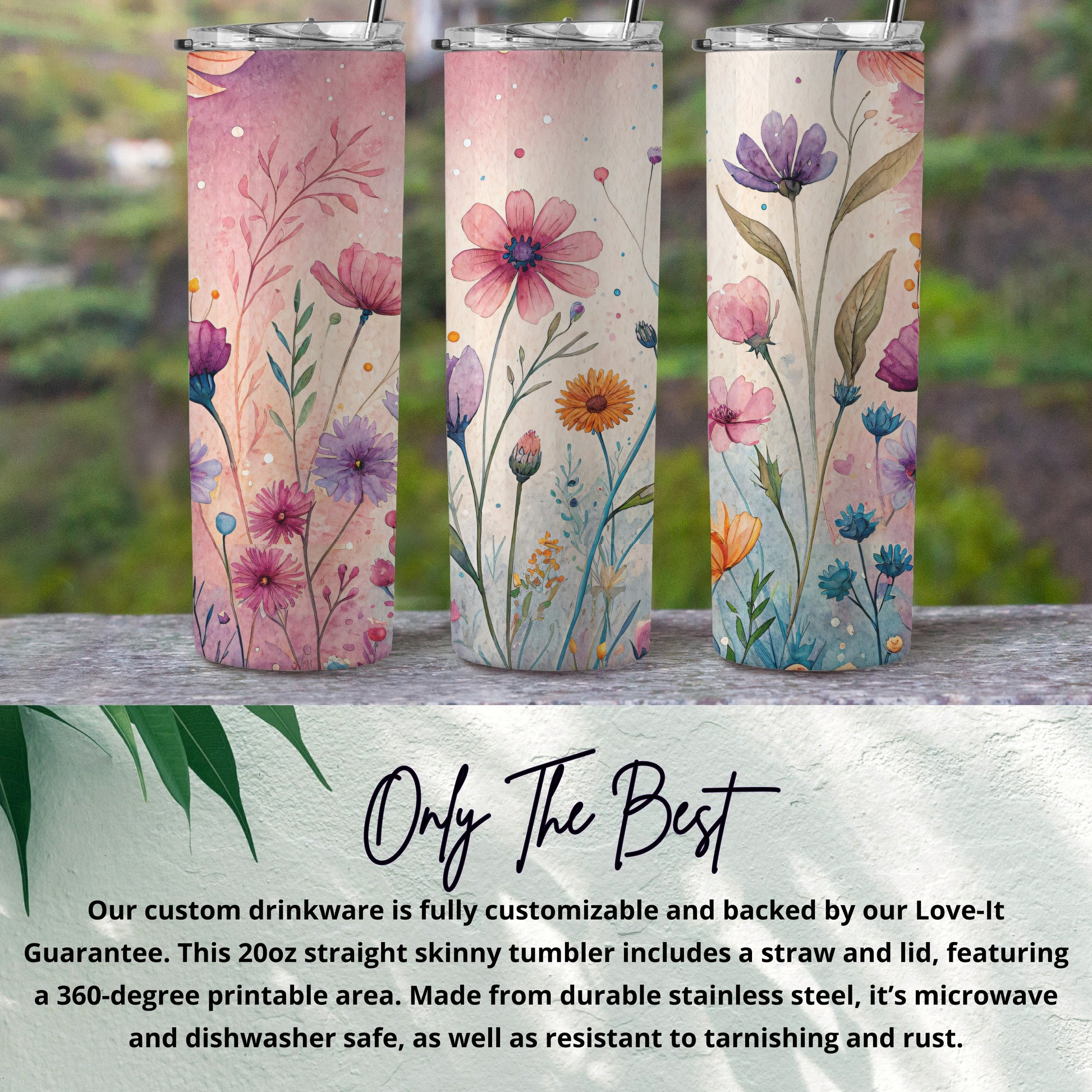 Watercolor Flowers On The Meadow Pink Purple 20 oz Skinny Tumbler - Walk Greener