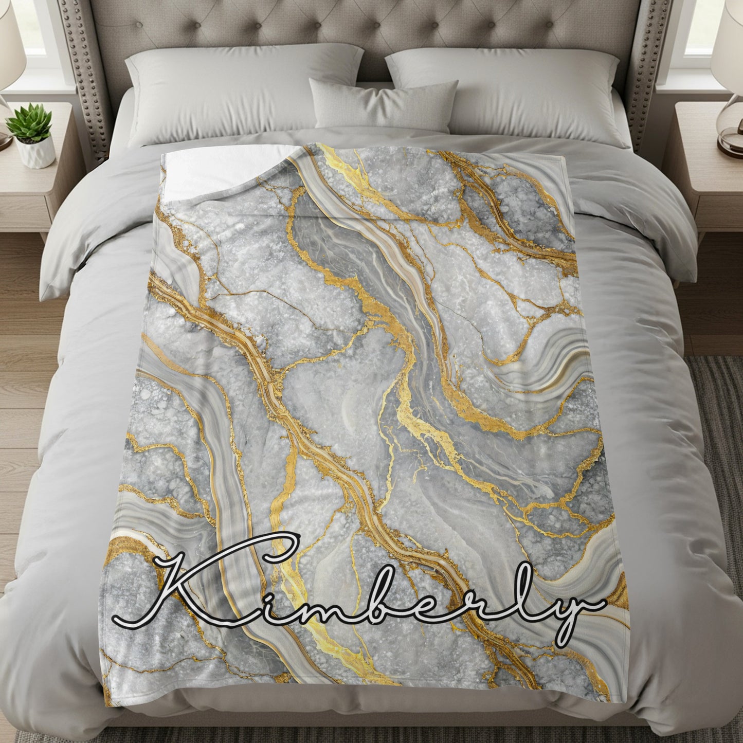 Personalized Gold and Gray Marble Design Blanket