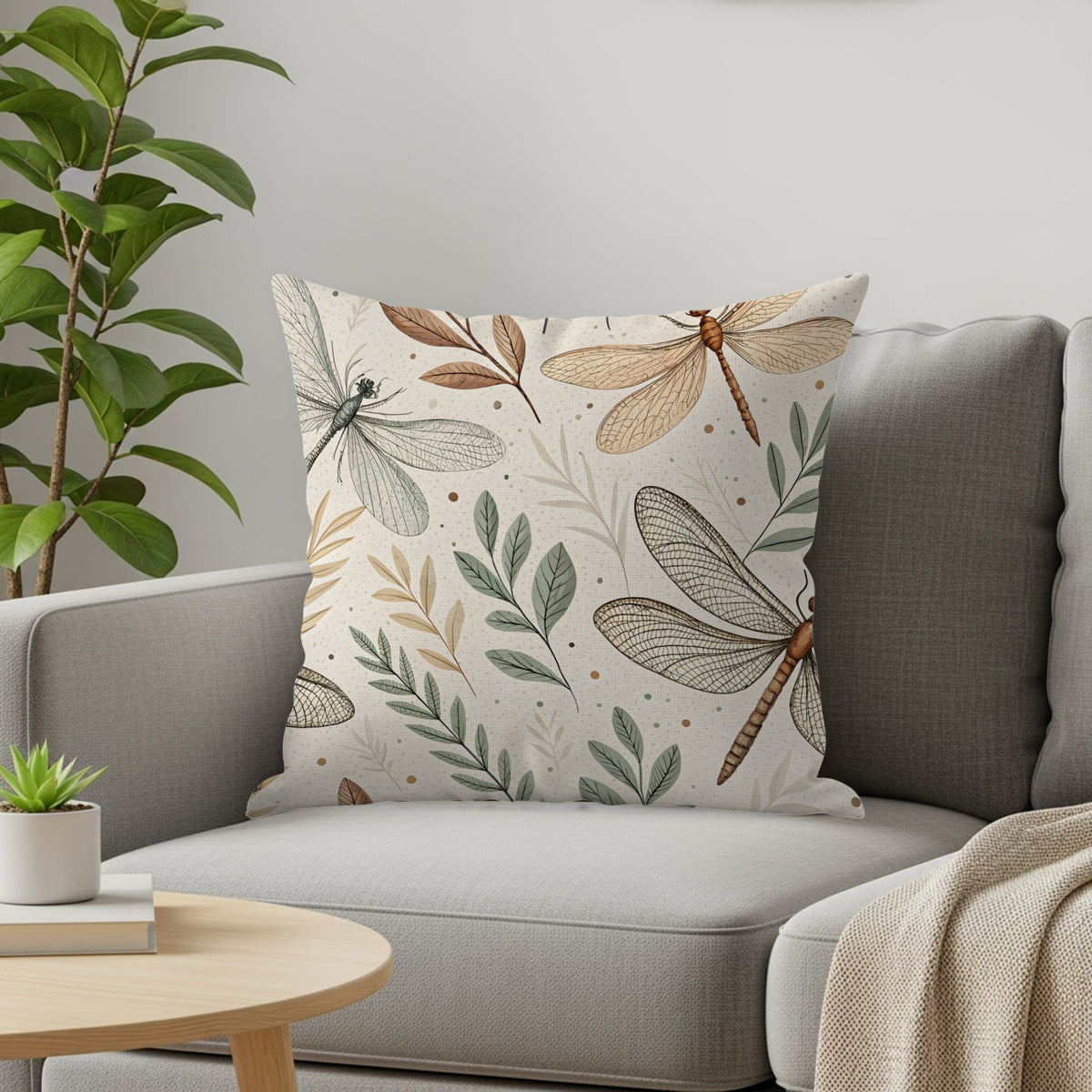 Dragonflies and leaves botanical throw pillow styled on a sofa with a matching cream knit blanket