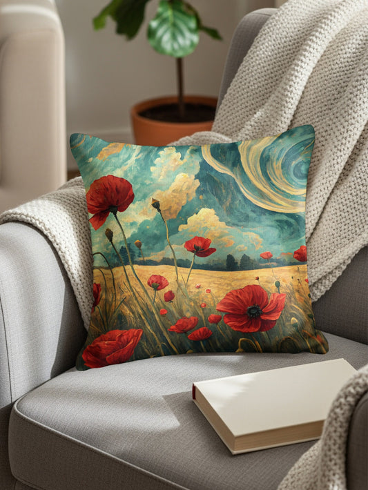 Vibrant Red Poppy Field Decorative Pillow Cushion
