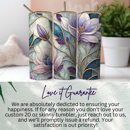 Floral Art with Gold Outlines on Blue White 20 oz Skinny Tumbler - Walk Greener