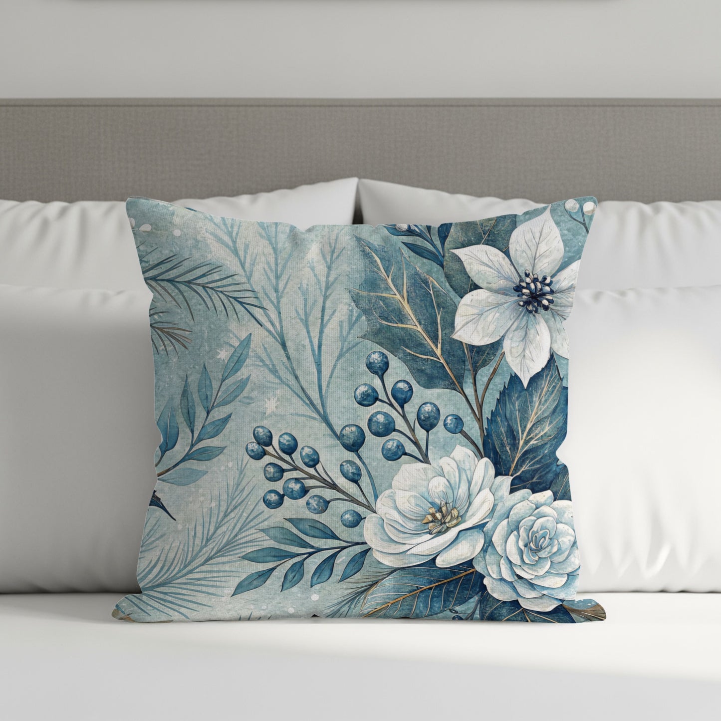 Elegant Blue Floral Decorative Throw Pillow Cover