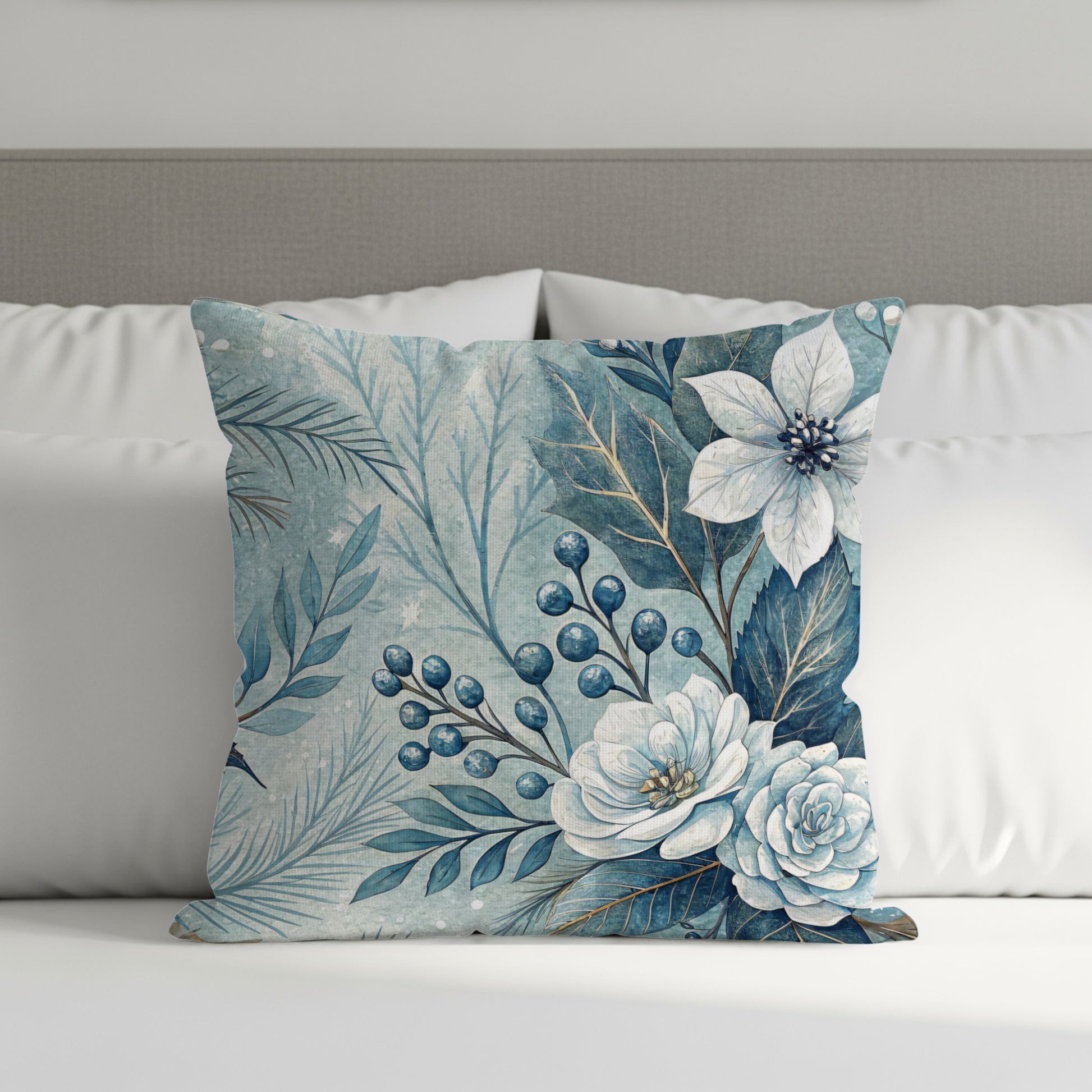 Elegant Blue Floral Decorative Throw Pillow Cover