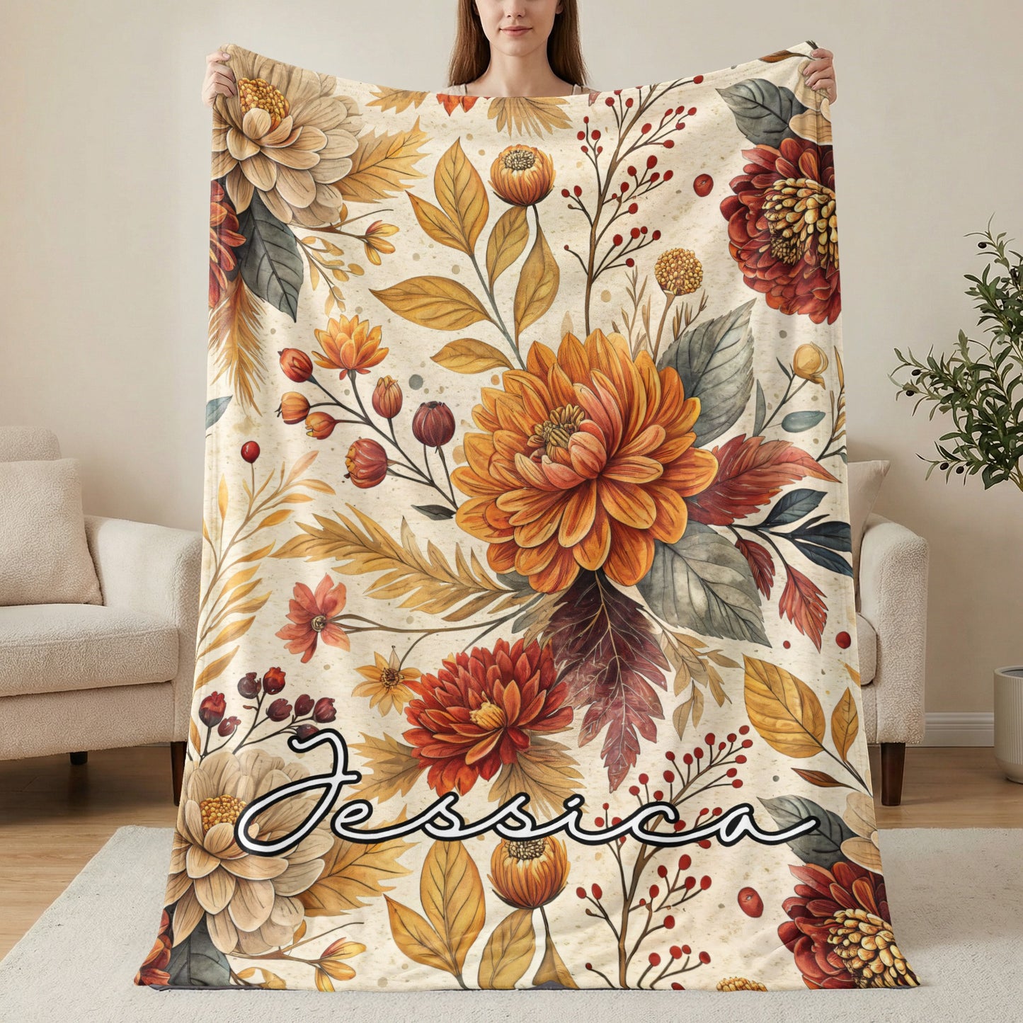 Custom Floral Name Blanket with Autumn Flowers Design