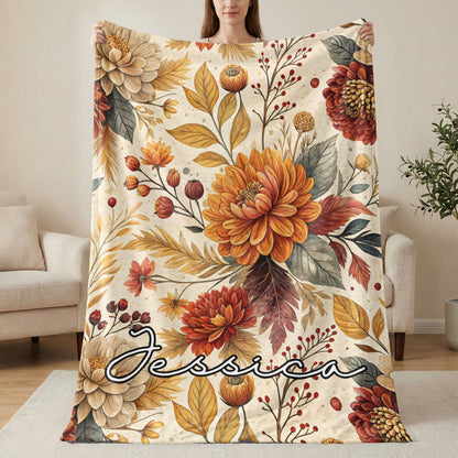 Custom Floral Name Blanket with Autumn Flowers Design