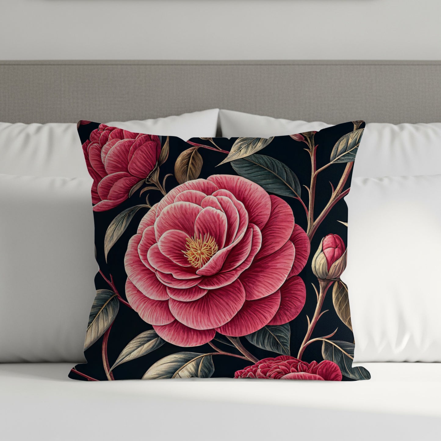 Elegant Pink Camellias Floral Arrangement Decorative Floral Throw Pillows - Walk Greener