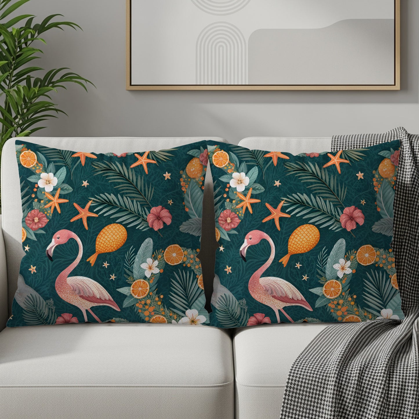 Tropical Flamingo Birds Palms Oranges Starfish Dark Teal Throw Pillows - Walk Greener