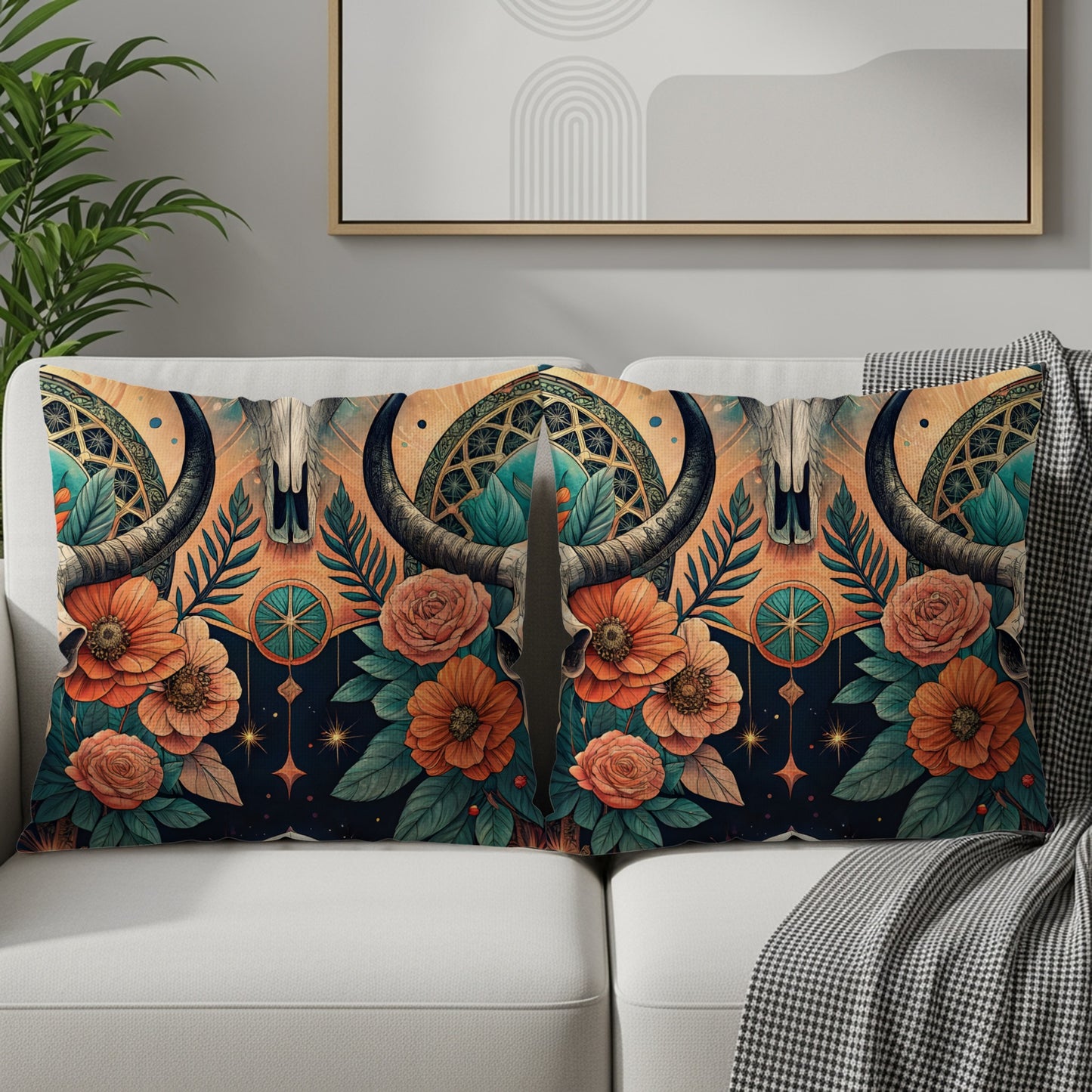 Boho Chic Skull and Floral Decorative Pillow Cover